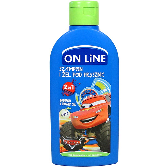 On Line Kids Cars Jablko 2v1 sprchový gel a šampon na vlasy pro děti 250 ml