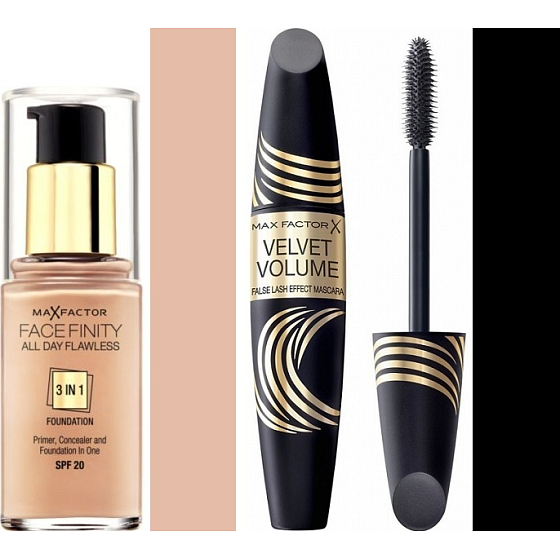 Max Factor Facefinity All Day Flawless 3v1 make-up 55 Beige 30 ml + Velvet Volume False Lash Effect řasenka Black 13,1 ml