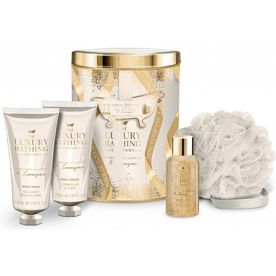 Grace Cole Impress sprchový gel 100 ml + tělové mléko 100 ml + pěna do koupele 50 ml + koupelová houba, kosmetická sada v plechové dóze