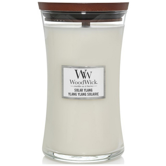 WoodWick Solar Ylang vonná svíčka 609,5 g – velká skleněná svíčka s dřevěným knotem a víčkem, vůně slunečního ylang-ylang.