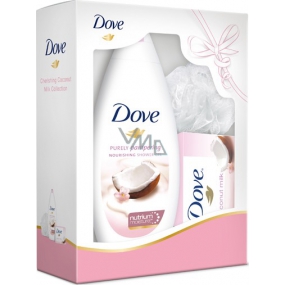 Dove Kokosové mléko a květy jasmínu sprchový gel 250 ml + toaletní mýdlo 100 g + žínka, kosmetická sada Dove Kokosové mléko a květy jasmínu sprchový gel 250 ml + toaletní mýdlo 100 g + žínka, kosmetická sada