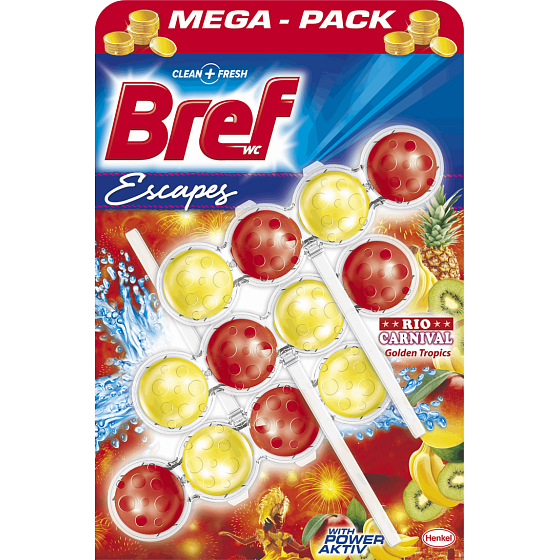 Bref Escapes Power Aktiv 4 Formula Rio Carnival Golden Tropics WC blok pro hygienickou čistotu a svěžest Vaší toalety, zbarvuje vodu 3 x 50 g
