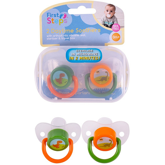 First Steps Dzienna ortodontyczna smoczek w zielono-pomarańczowym pudełku 2 sztuki