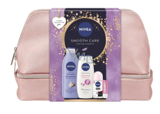 Nivea Smooth Care Smooth Sensation mleko do ciała 400 ml + Nivea Diamond & Argan Oil żel pod prysznic 250 ml + Nivea Invisible Black & White Clear antyperspirant w kulce 50 ml + Labello Soft Rose balsam do ust 4,8 g + kosmetyczna etue, zestaw kosmetyczny dla kobiet