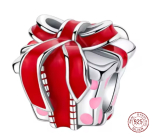 Charm Sterlingové stříbro 925 Dárek s červenou stuhou, symbol radosti a lásky, korálek na náramek vánoce