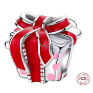 Charm Sterlingové stříbro 925 Dárek s červenou stuhou, symbol radosti a lásky, korálek na náramek vánoce