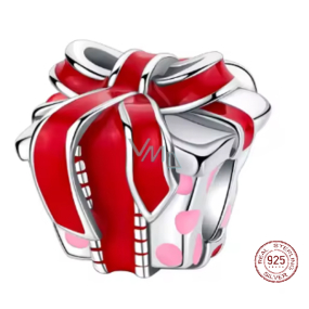 Charm Sterlingové stříbro 925 Dárek s červenou stuhou, symbol radosti a lásky, korálek na náramek vánoce