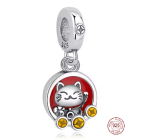 Charm Sterlingové stříbro 925 Japonská Maneki Neko s mincemi, kočky štěstí talisman bohatství a úspěchu, přívěsek na náramek cestování