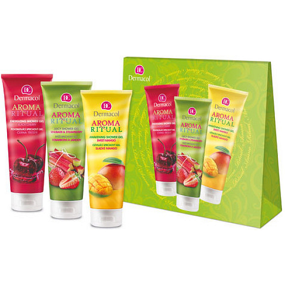 Dermacol Aroma Ritual Černá třešen sprchový gel 250 ml + Sladké mango 250 ml + Rebarbora a jahody 250 ml, kosmetická sada