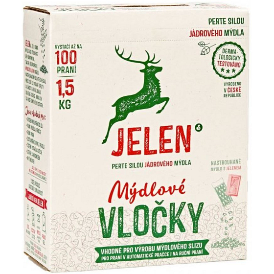 Jelen Mýdlové vločky vhodné pro výrobu mýdlového slizu, pro praní v automatické pračce i na ruční praní, vystačí na 100 praní 1,5 kg