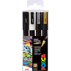Posca Uniwersalny zestaw markerów akrylowych 1,8 - 2,5 mm czarny, biały, złoty, srebrny 4 sztuki PC-5M