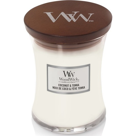 WoodWick Coconut & Tonka - Kokos a tonka boby vonná svíčka s dřevěným knotem a víčkem sklo střední 275 g