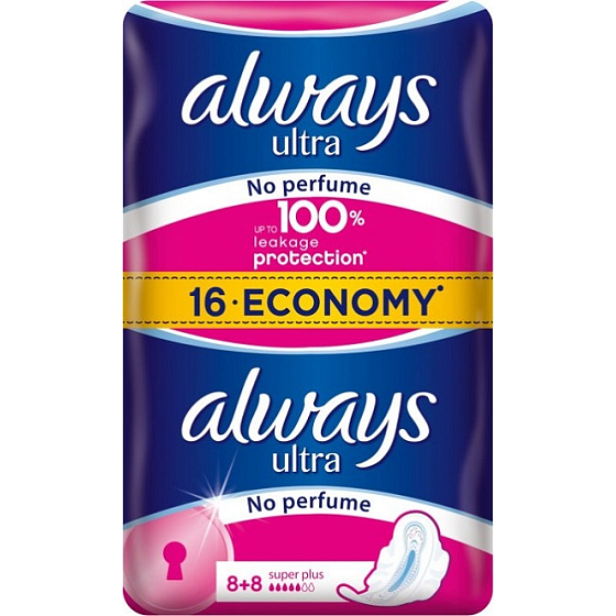 Always Ultra Super Plus No Perfume neparfémované hygienické vložky s křidélky 16 kusů