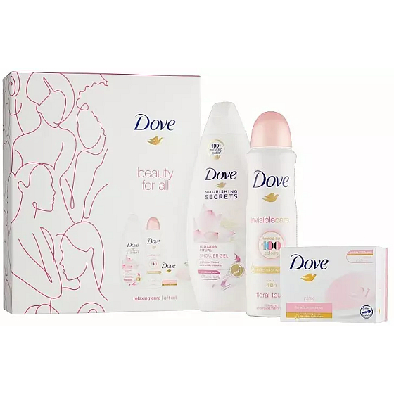 Dove Nourishing Secrets Rozzařující Rituál Lotosový květ a rýžová voda sprchový gel 250 ml + Invisible Care Floral Touch antiperspirant deodorant sprej 150 ml + Pink krémové toaletní mýdlo 100 g, kosmetická sada pro ženy
