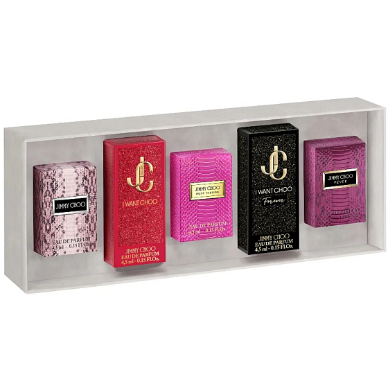 Jimmy Choo Rose Passion parfémovaná voda 4,5 ml + I Want Choo Forever parfémovaná voda 4,5 ml + Fever parfémovaná voda 4,5 ml + Jimmy Choo parfémovaná voda 4,5 ml + I Want Choo parfémovaná voda 4,5 ml, dárková sada miniatur pro ženy