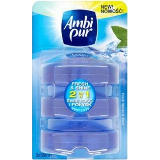 Ambi Pur Fresh & Shine 2v1 Fresh Water & Mint toaletní blok náplň 3 x 55 ml