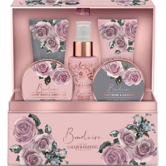 Baylis & Harding Sametová růže a Kašmír tělový sprej 100 ml + tělové máslo 100 ml + sůl do koupele 100 g + sprchový krém 50 ml + mycí gel 50 ml + šperkovnice, kosmetická sada