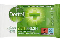 Dettol 2 w 1 Fresh chusteczki dezynfekujące do rąk i powierzchni, 15 szt.