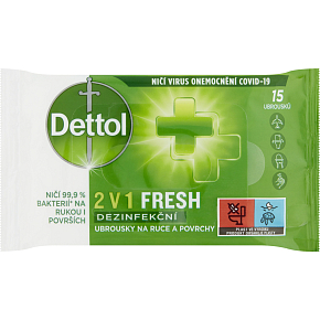 Dettol 2 w 1 Fresh chusteczki dezynfekujące do rąk i powierzchni, 15 szt.