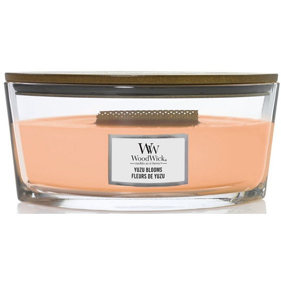 WoodWick Yuzu Blooms - Květy Yuzu vonná svíčka s dřevěným širokým knotem a víčkem sklo loď 453 g