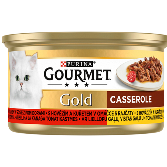 Gourmet Gold Casserole paštika s hovězí, kuřecí a rajčaty konzerva pro dospělé kočky 85 g