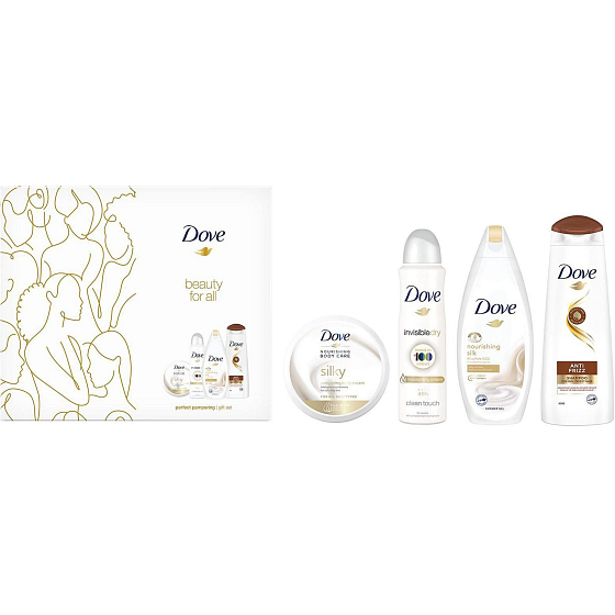 Dove Beauty For All Nourishing Silk sprchový gel 250 ml + Invisible Dry antiperspirant deodorant sprej 150 ml + Anti Frizz šampon na vlasy 250 ml + Silky krém 300 ml, kosmetická sada