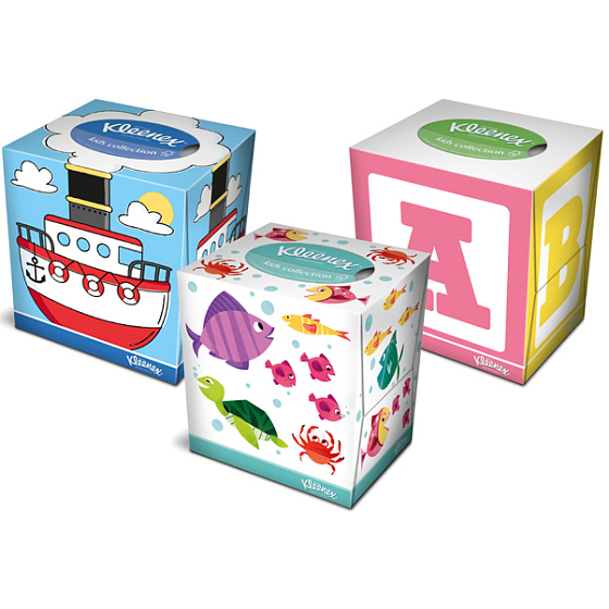 Kleenex Kids Collection hygienické papírové kapesníky 3 vrstvé box různé motivy 56 kusů