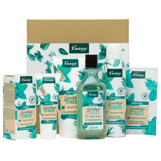 Kneipp Goodbye Stress olej do koupele 100 ml + tělové mléko 200 ml + krém na ruce 75 ml + sůl do koupele 60 g + sprchová pěna 200 ml + sprchový gel 250 ml, kosmetická sada