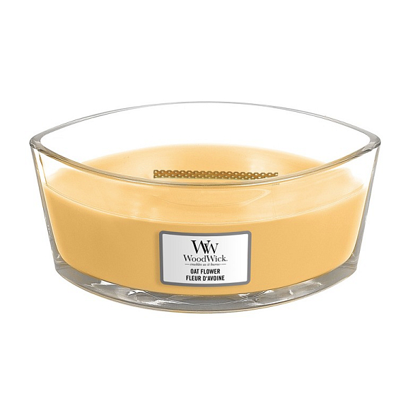 WoodWick Oat Flower - Ovesný květ vonná svíčka s dřevěným širokým knotem a víčkem loď 453 g