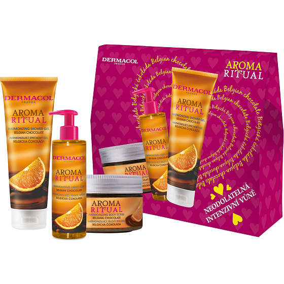 Dermacol Aroma Ritual Belgická čokoláda sprchový gel 250 ml + tekuté mýdlo 250 ml + tělový peeling 200 ml, kosmetická sada