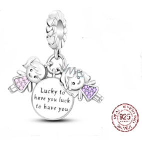 Charm Srebrna 925 Sourozenci Sestry Mam Szczęście, że Cię mam 3w1, zawieszka na bransoletkę rodzina