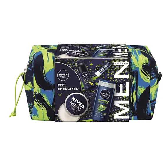 Nivea Men Feel Energized Creme krem do twarzy, ciała i rąk 150 ml + Nivea Men Deep Sport antyperspirant roll-on 50 ml + Nivea Men Energy żel pod prysznic 250 ml + Labello Men Active balsam do ust 4,8 g + kosmetyczna etue, zestaw kosmetyczny dla mężczyzn