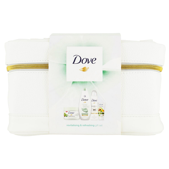 Dove Purifying Detox sprchový gel 250 ml + Kiwi Seeds & Cool Aloe Scent tělový peeling 225 ml + Nourishing Secrets Invigorating Ritual krém na ruce 75 ml + Invisible Dry Clean Touch antiperspirant sprej pro ženy 150 ml + taška, kosmetická sada