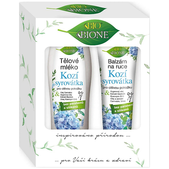 Bione Cosmetics Kozia serwatka mleko do ciała dla wrażliwej skóry 500 ml + balsam do rąk 205 ml, zestaw kosmetyczny