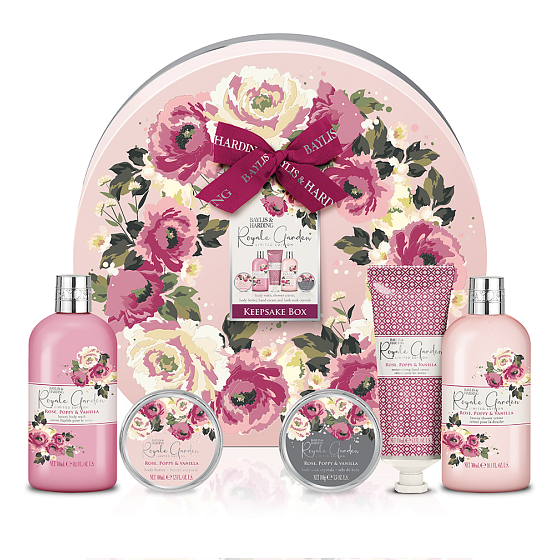Baylis & Harding Růže, Vlčí mák a Vanilka mycí gel 300 ml + sprchový krém 300 ml + krém na ruce 130 ml + tělové máslo 100 ml + sůl do koupele 100 g, kosmetická sada pro ženy