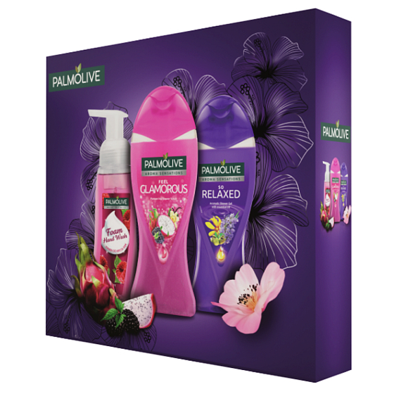 Palmolive Relax sprchový gel 250 ml + Glamor. sprchový gel 250 ml + Malina pěnové mýdlo 250 ml, kosmetická sada