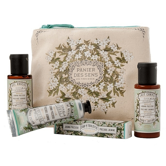 Panier des Sens Jasmín sprchový gel 50 ml + tělové mléko 50 ml + toaletní voda 3,5 ml + krém na ruce 30 ml + taštička, cestovní kosmetická sada