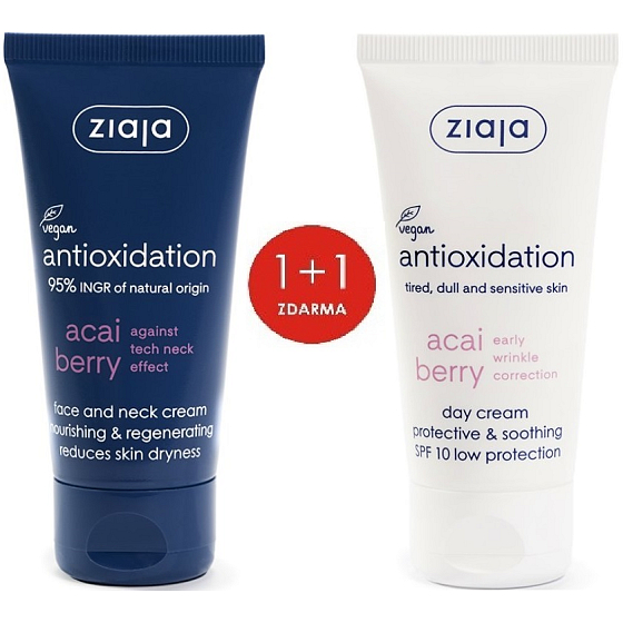 Ziaja Acai Berry SPF 10 ochronny, kojący krem do twarzy na dzień 50 ml + Acai Berry odżywczy krem regenerujący do twarzy i szyi 50 ml, duopack