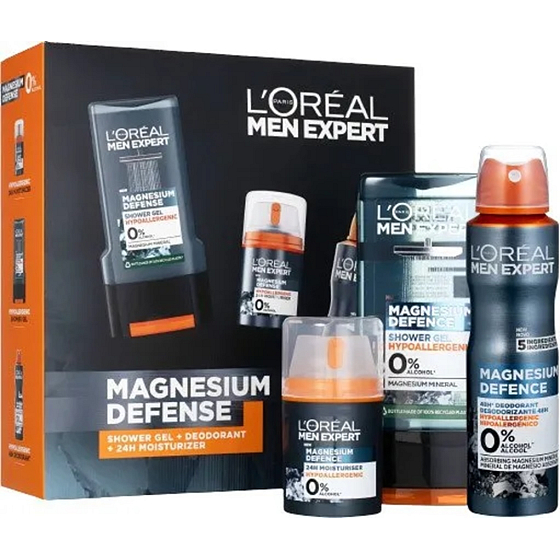Loreal Paris Men Expert Magnesium Defence żel pod prysznic 300 ml + dezodorant w sprayu 150 ml + krem nawilżający dla skóry wrażliwej 50 ml, zestaw kosmetyczny dla mężczyzn