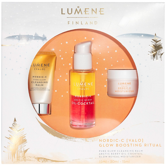Lumene Nordic-C Valo Glow Boosting Ritual koktejl z arktických bobulí pleťový olej 30 ml + čisticí balzám 15 ml + hydratační pleťový krém 15 ml, kosmetická sada