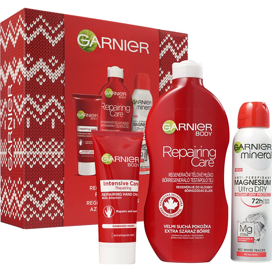 Garnier Body Intensive Repair Box regenerační tělové mléko 400 ml + Mineral Magnesium Ultra Dry 72h antiperspirant sprej 150 ml + krém na ruce 100 ml, kosmetická sada