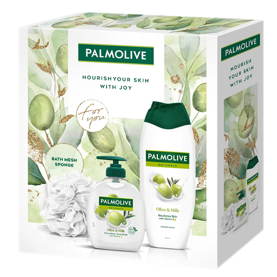 Palmolive Naturals Olive & Milk płynny mydło 300 ml + żel pod prysznic 500 ml + gąbka do mycia, zestaw kosmetyczny