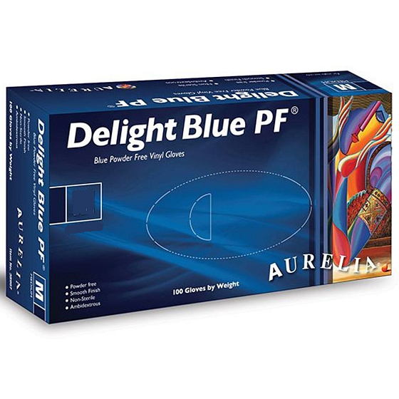 Aurelia Delight Blue PF Rukavice vinylové jednorázové bez pudru velikost L box 100 kusů
