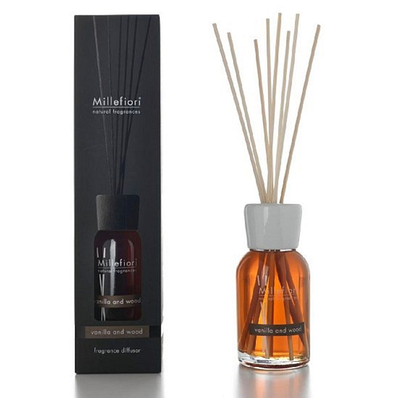 Millefiori Milano Natural Vanilla & Wood - Vanilka a Dřevo Difuzér 100 ml + 7 stébel v délce 25 cm do menších prostor vydrží 5-6 týdnů
