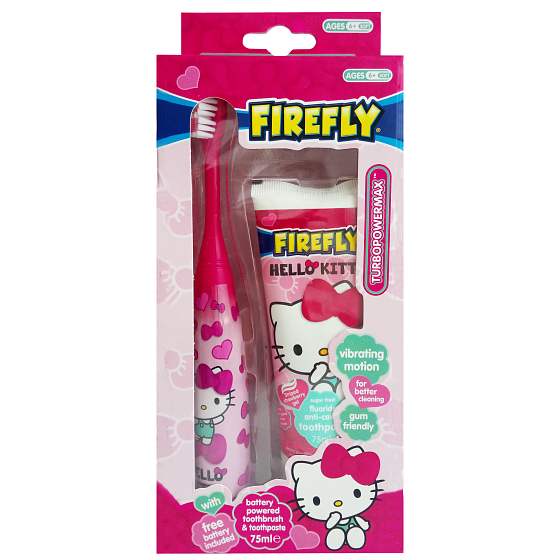 Hello Kitty 6+ Turbo elektrický kartáček na zuby měkký na baterie + Žvýkačková zubní pasta 75 ml
