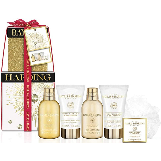 Baylis & Harding Sladká mandarinka a Grapefruit mycí gel 100 ml + sprchový krém 100 ml + tělové mléko 50 ml + krém na ruce 50 ml + koupelové krystalky 25 g + mycí žínka, kosmetická sada