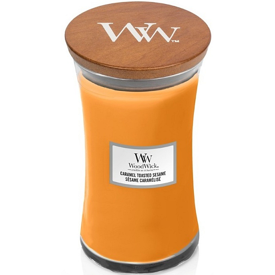 WoodWick Caramel Toasted Sesame - Sezamové sušenky s karamelem vonná svíčka s dřevěným knotem a víčkem sklo velká 609 g
