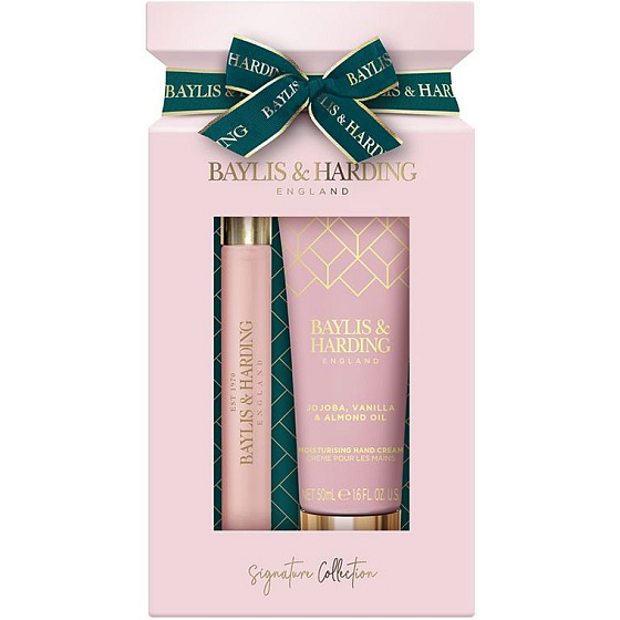 Baylis & Harding Jojoba, Vanilka & Mandlový olej krém na ruce 50 ml + parfém s roll-on aplikátorem 12 ml, dárková sada pro ženy