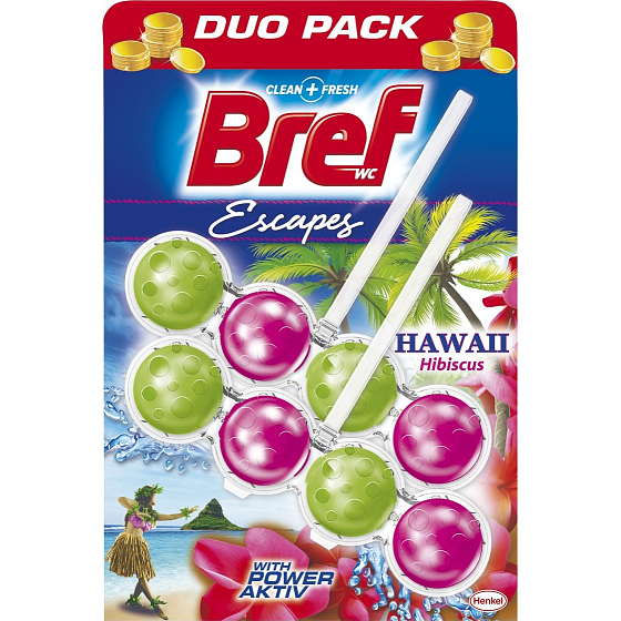 Bref Escapes Power Aktiv 4 Formula Hawaii Hibiscus WC blok pro hygienickou čistotu a svěžest Vaší toalety, zbarvuje vodu 2 x 50 g