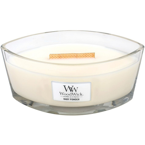 WoodWick Baby Powder - Dětský pudr vonná svíčka s dřevěným širokým knotem a víčkem sklo loď 453 g